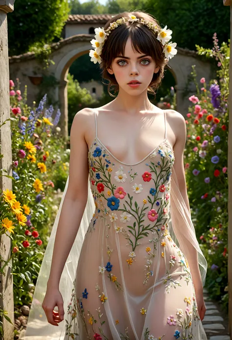 1girl, Fairuza Balk (age 18), stunning detailed eyes, sheer airy gown with flower embroidery, nude underneath, walking through a well tended flower garden, midday, full body shot, 1990s, (best quality,4k,8k,highres,masterpiece:1.2),ultra-detailed,(realisti...