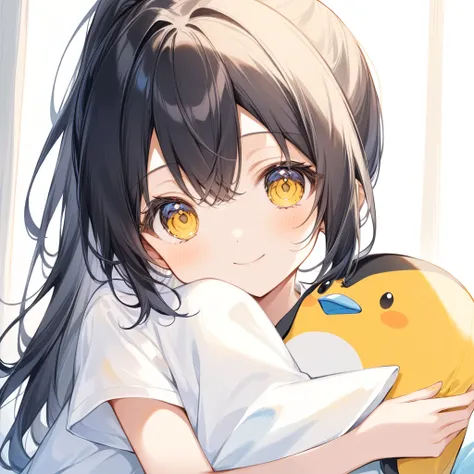 cute、girl、Yellow Eyes、Round eyes、Black hair with yellow tips、ponytail、White T-shirt、Only the mouth is smiling、Holding a stuffed penguin、