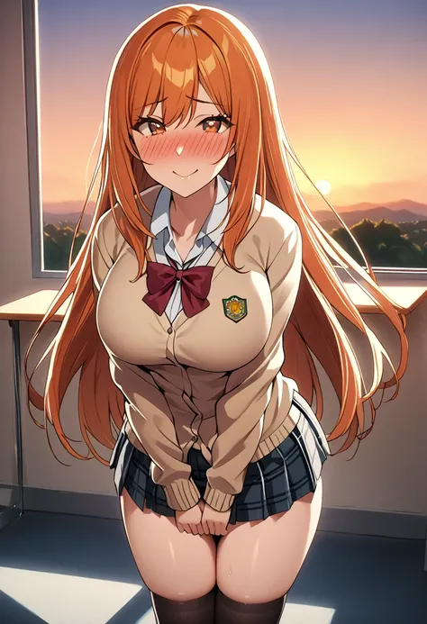 1 woman, (solo), tall woman, long orange hair, straight hair ,orange eyes, (high school student), (17 years old), (Full Breasts), High Height,masterpiece, high resolution, shiny, full body, beautiful,A cute smile that makes the viewer happy, highly detaile...