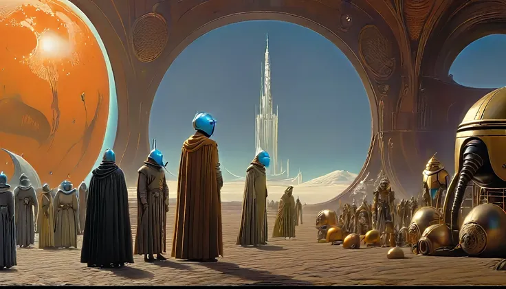 In portrait, characters inspired by the Start Wars universe by Ralph McQuarrie and Dan McPharlin, Wayne Barlowe in a Middle Ages setting, such as peoples interacting with robots, exotic alien beings, inspired by Hieronymus Bosch and Shaun Tan. Directed by ...