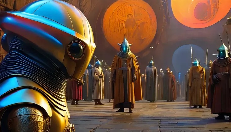 In portrait, characters inspired by the Start Wars universe by Ralph McQuarrie and Dan McPharlin, Wayne Barlowe in a Middle Ages setting, such as peoples interacting with robots, exotic alien beings, inspired by Hieronymus Bosch and Shaun Tan. Directed by ...