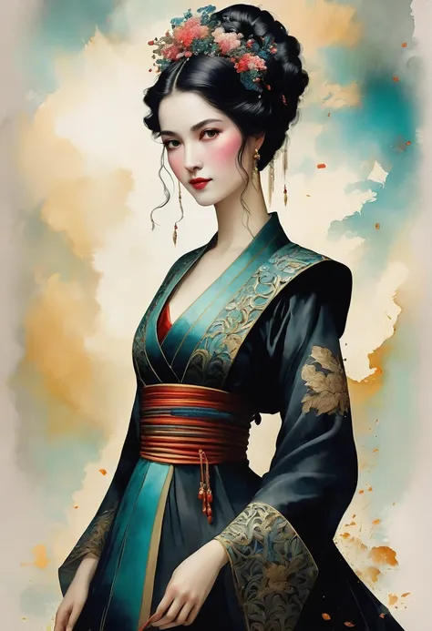 (full body:1.8), portrait of a beautiful empress, imposing look, strong pose, porcelain skin, long black hair, ornate traditional robe, Harrison Fisher and Catrin Welz-Stein art style, vivid colors, highly detailed, cinematic lighting, dramatic pose, elega...