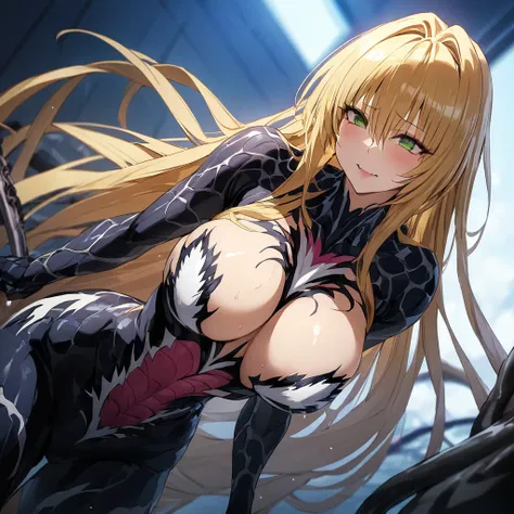 ((Highest quality)), ((masterpiece)), (detailed), （Perfect Face）、The woman is Tiare, a green-eyed, blonde, medium-long-haired female Venom, whose body has been completely transformed into Venom and who is wearing a Venom suit.