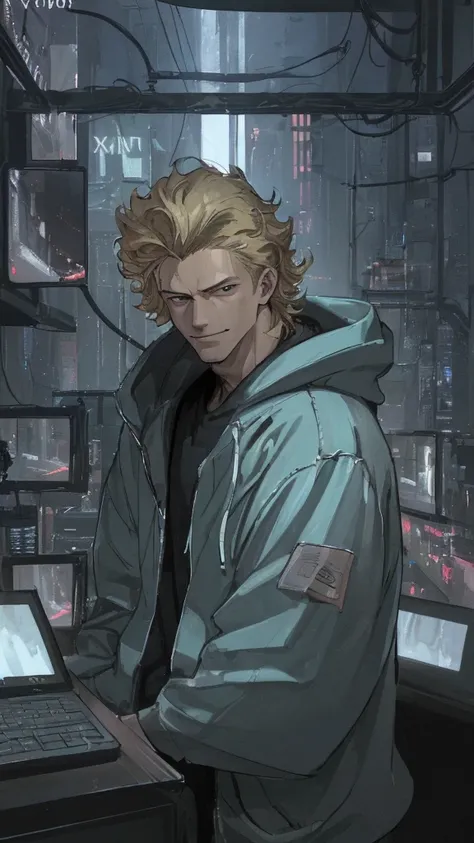 a hacker late teenager boy, cyberpunk, young boy, sexy, blonde hair, blue hoodie, detailed face, sharp eyes, beautiful boy, pretty face, sexy, curly hair, smirk, glowing computer screens, neon city lights, futuristic technology, moody lighting, cinematic a...