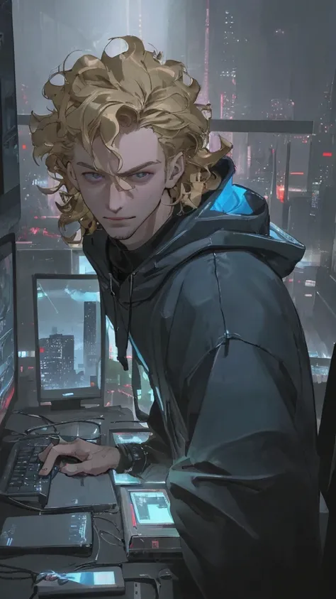 a hacker late teenager boy, cyberpunk, young boy, sexy, blonde hair, blue hoodie, detailed face, sharp eyes, beautiful boy, pretty face, sexy, curly hair, smirk, glowing computer screens, neon city lights, futuristic technology, moody lighting, cinematic a...