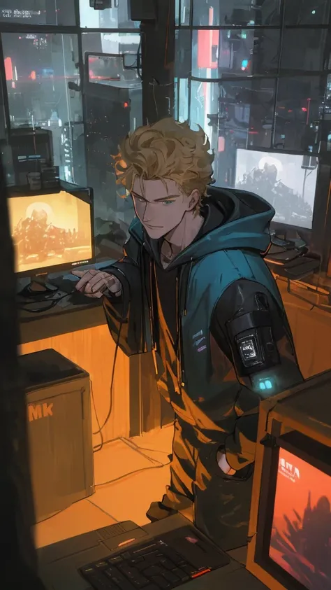 a hacker late teenager boy, cyberpunk, young boy, sexy, blonde hair, blue hoodie, detailed face, sharp eyes, beautiful boy, pretty face, sexy, curly hair, smirk, glowing computer screens, neon city lights, futuristic technology, moody lighting, cinematic a...