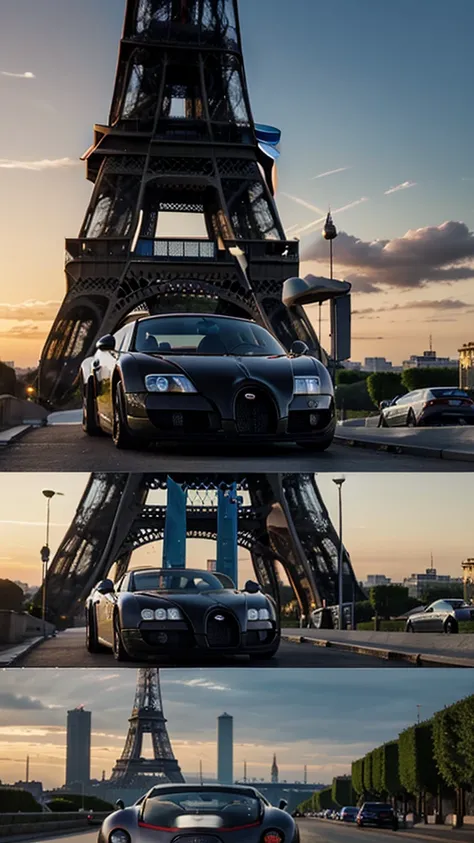 automobile, Bugatti veyron original, in front of the eiffel tower, realisitic, At the sunset, with some buildings in the background, and a blurry sky.