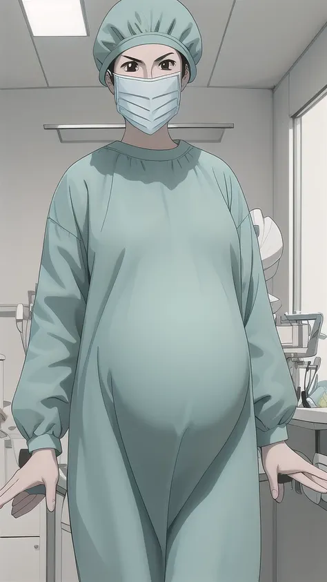 masterpiece, highest quality, source_anime, the view is turned slightly to the side, upper body, (RAW photo, best quality), 1girl, long hair, frown, pale skin, worried eyes big breasts, big tits, pregnant, stand, natural lighting, solo, hospital, in the op...