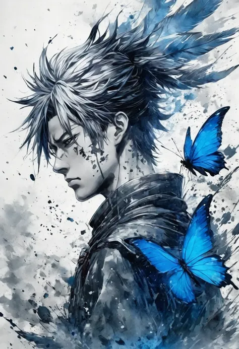 Ink and ink painting,Black and white painting,splash,Beautiful detailed glass hair,Jujutsu Kaisen,Itadori Yuuji,samurai armor,(Blue Butterfly々,Feather powder),