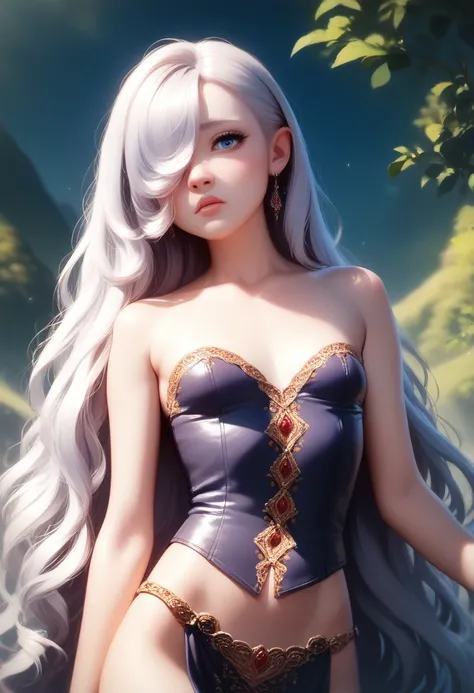 elegant fantasy portrait of a gnome girl, detailed skin and cloth textures, beautiful detailed face, intricate details, extremely detailed, 1girl, pale skin, short stature, very long silver hair that curls at the ends, small breasts, pouty lips, dynamic po...