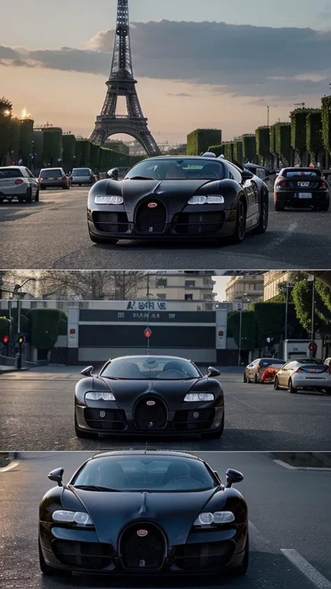 automobile, Bugatti Veyron, faithful to reality, in front of the eiffel tower, realisitic, At the sunset, with some buildings in the background, and a blurry sky.