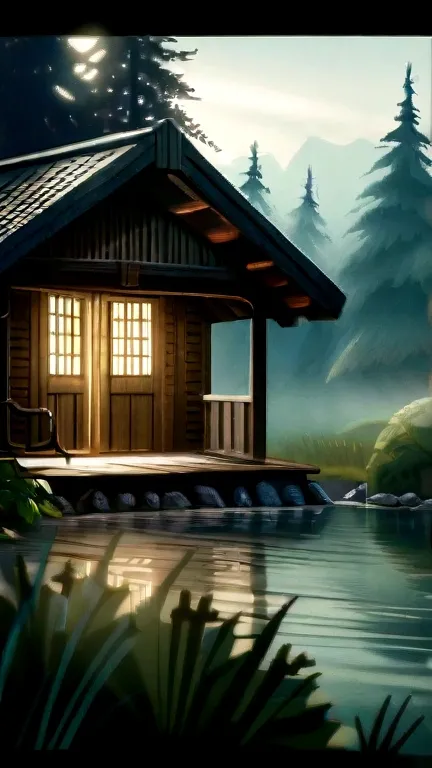 storm in the forest with lots of fog, a cabin with windows and doors illuminated by light, a pond in front of the hut, Realistic, High Definition Cinematic Image