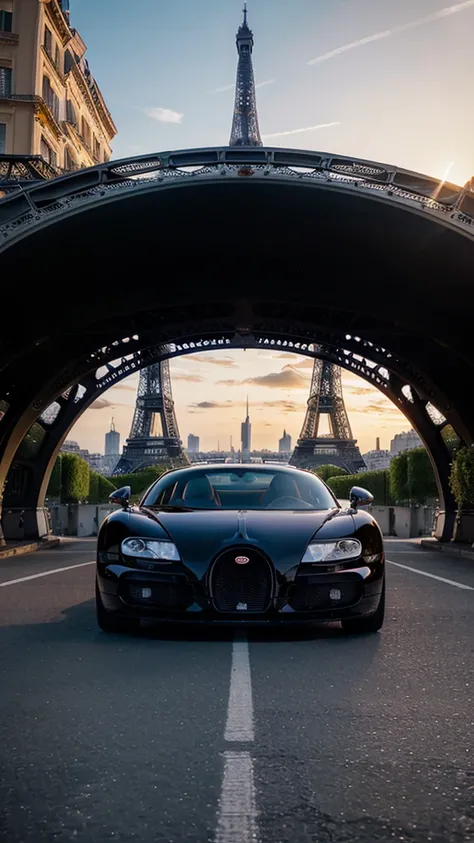 automobile, Bugatti Veyron, faithful to reality, from under the Eiffel Tower, realisitic, At the sunset, with some buildings in the background, and a blurry sky.