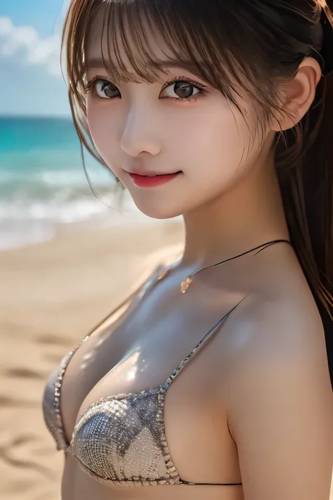 Highest quality, (beautiful)、Micro Bikini、Soft 、Beach、Selfie、Sand on the body、Wet body