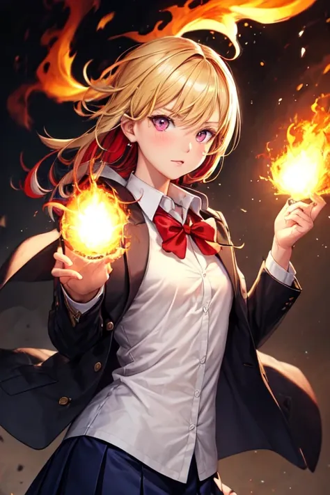  30 year old blonde with red streaks, eyes browns, wearing school clothes and with pyrokinesis powers