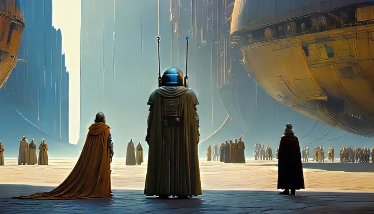 In portrait, characters inspired by the Start Wars universe by Ralph McQuarrie and Dan McPharlin, Wayne Barlowe in a Middle Ages setting, such as peoples interacting with robots, exotic alien beings, inspired by Hieronymus Bosch and Shaun Tan. Directed by ...