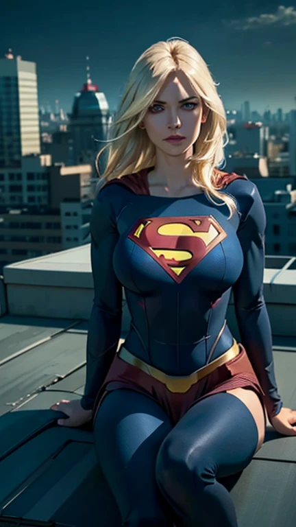 supergirl, sitting on a rooftop building, lost in deep thought, looking at the city, perfect eye, beautiful highly detailed eyes...