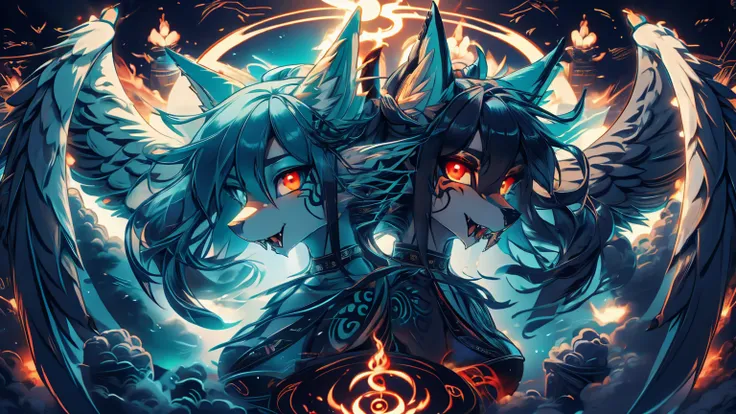 two girls back to back, duality good and evilmiku hatsune, add high definition_detail:1, blue fur,kitsune ears, tribal tattoo ad...