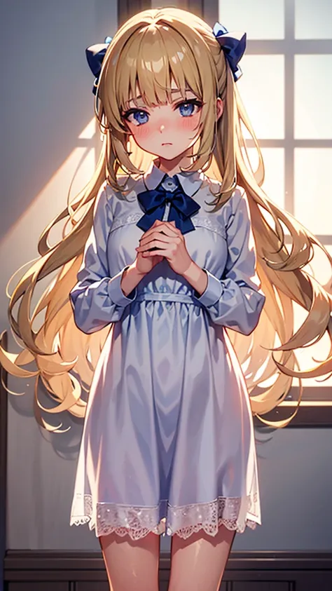 create an anime-style illustration of a blonde girl with long, wavy hair wearing a light, white lace nightgown with a blue bow i...