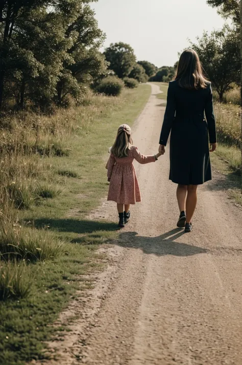 A girl and her mother are walking together and you can see that the girl has a doll in one of her hands.