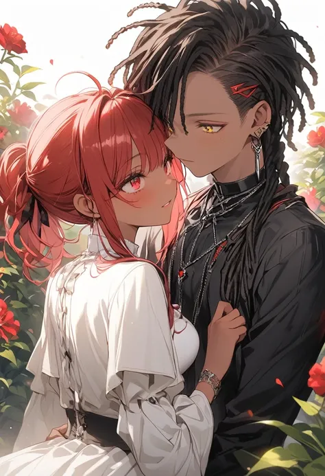  1girl, tan skin, short red hair, freckles, ((yellow eyes)) charming. ((Stylish edgy outfit)), 1boy, {dark-skinned and haired: 1,5}, ((Dreadlocks curtos)), has expressive ((red eyes)). ((Stylish, edgy outfit)), Set in a garden, the scene depicts passionate...