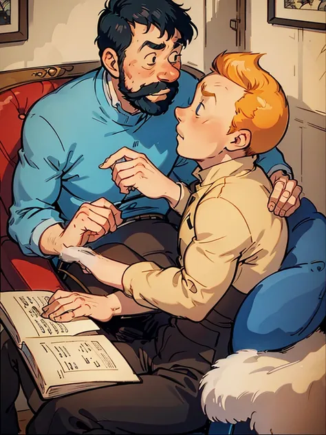 tintin and captain haddock are in the room with the piano.  haddock sits in a chair with tintin sitting on his lap and they kiss...