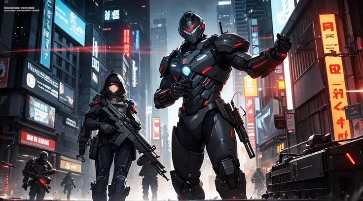 A powerfully commanding black skin man soldier donning advanced technological military gear stands tall, poised with a rifle aimed at a menacing metallic robotic creature in a bustling cyberpunk metropolis. The soldiers uniform gleams with intricate circui...