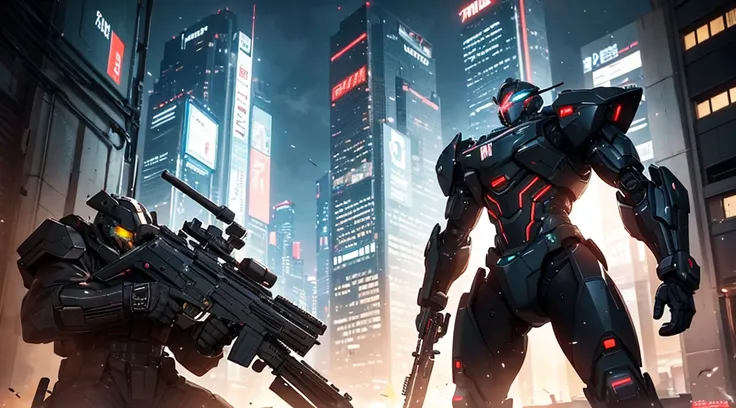 A powerfully commanding black skin man soldier donning advanced technological military gear stands tall, poised with a rifle aimed at a menacing metallic robotic creature in a bustling cyberpunk metropolis. The soldiers uniform gleams with intricate circui...