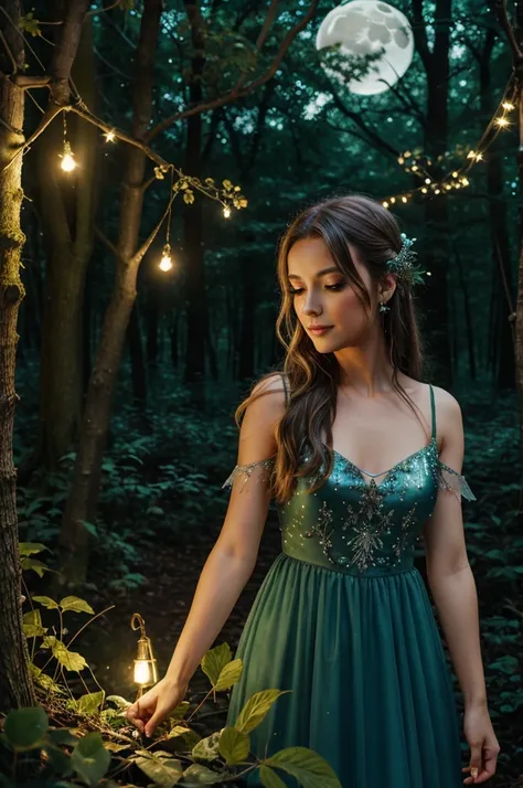 Fairy in beautiful forest with fairy lights and shiny moon and firefly 