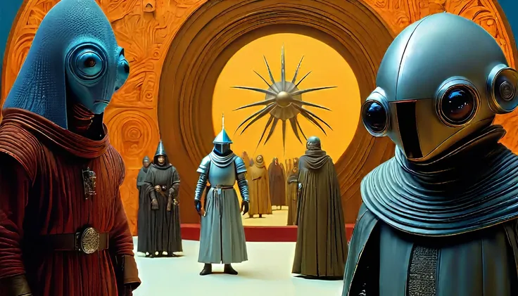 In portrait, characters inspired by the Start Wars universe by Ralph McQuarrie and Dan McPharlin, Wayne Barlowe in a Middle Ages setting, such as peoples interacting with robots, exotic alien beings, inspired by Hieronymus Bosch and Shaun Tan. Directed by ...