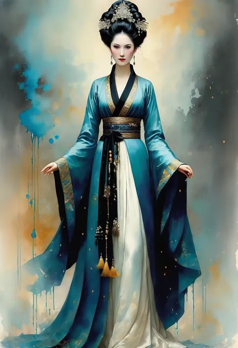 (full body:1.8), portrait of a beautiful empress, blue glowing eyes, imposing look, strong pose, porcelain skin, long black hair, ornate traditional robe, Harrison Fisher and Catrin Welz-Stein art style, vivid colors, highly detailed, cinematic lighting, d...