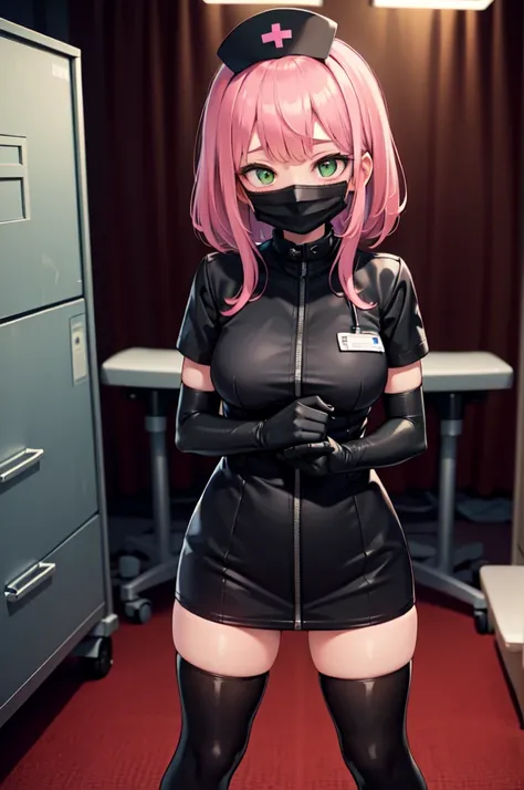 black nurse, 1girl, solo, black nurse cap, black nurse uniform, ((black legwear, zettai ryouiki)), black elbow gloves, pink hair, green eyes, drooping eyes, ((black surgical mask, covered nose)), standing, ((surgery room)), sharp outline, short sleeves, be...