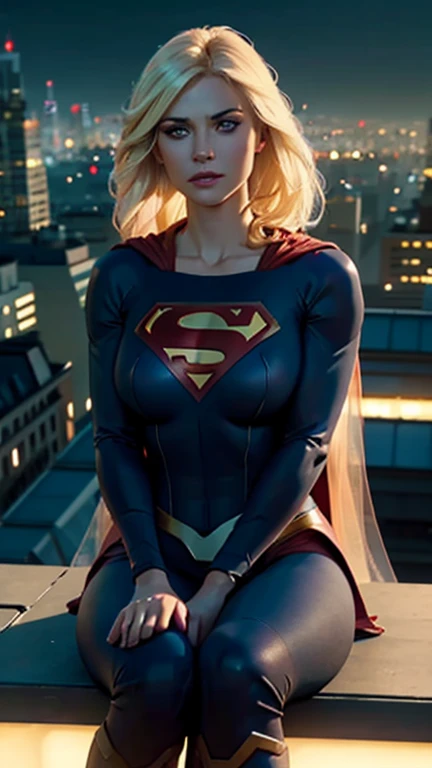 supergirl, sitting on a rooftop building, lost in deep thought, looking at the city, perfect eye, beautiful highly detailed eyes...