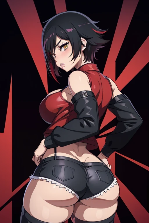 20 year old woman, busty, large breasts, bubble butt, hourglass figure, skinny, blushing, scared expression, horny, seductive, short hair, black hair, red streaked hair, bangs, wearing, biker jacket, cropped leather jacket, red tank top, black denim hotpan...