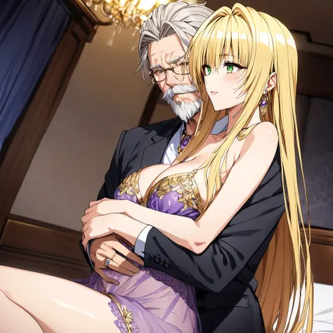 ((Highest quality)), ((masterpiece)), (detailed), （Perfect Face）、The woman is a Tier, with green eyes, medium-long blonde hair, and is wearing a luxurious, see-through purple baby doll with gold embroidery and trim, jeweled earrings, and an engagement ring...