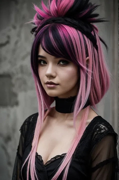 A girl with a Split dye hair (half pink, hakf black) with a pink dress in dark fantasy style