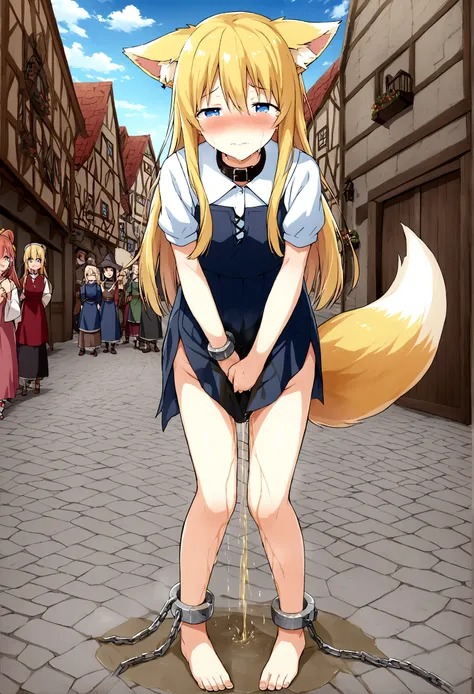 Anime. 1 girl. Baby. Kitsune. Blonde. Long hair. Blue eyes. Beautiful eyes. Perfect eyes. Expressive eyes. Blind eyes. Blind. Ideal face. Ideal anatomical body. Beautiful long legs. Beautiful body. Beautiful nose. Fox ears. Foxs tail. 12 years old. Embarra...