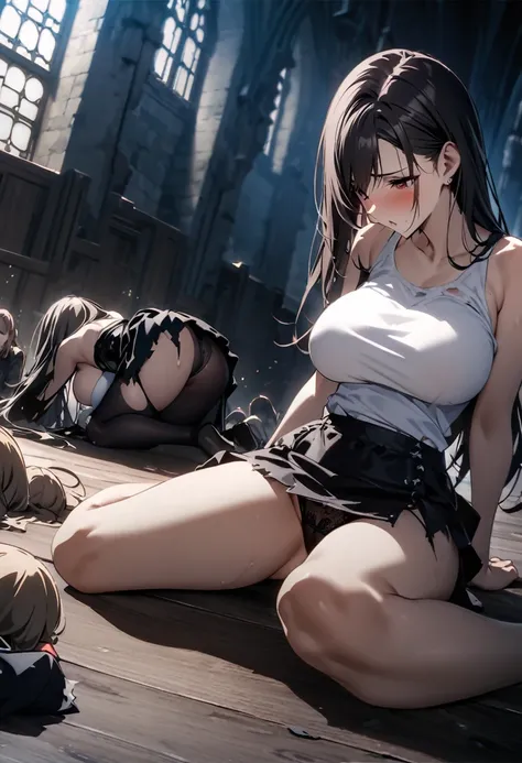 masterpiece, 最high quality, High resolution,  Final Fantasy 7、Tifa Lockhart、Black torn clothes 、Black ripped pantyhose、Dark church at night、sexy、Wearing a mini skirt、Thin legs、Big Breasts、Slim figure、high quality　CG Tone、Torn black panties、Defeat scene、Los...