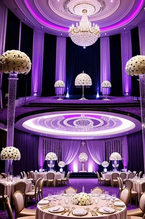 A wedding hall with the following features; Luxurious,with crystals,elegant