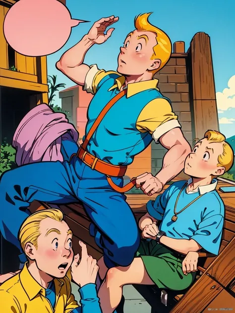 Tintin, but this is a retro manga cover from the 80s in pastel colors.