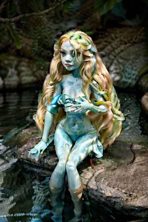  green skin long blonde hair, generally with aquatic reflections, that fall in natural curls. Your eyes are big and bright, de um azul intenso. Your skin is light green. She often wears colorful and vibrant clothes that reflect the water and sea animals..