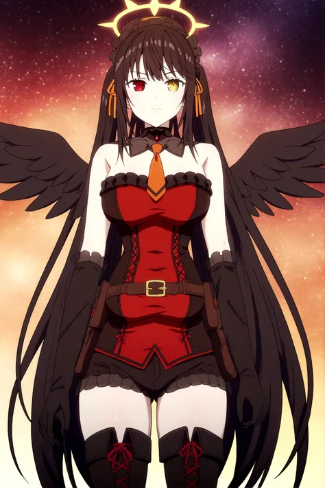 Anime adaptation for this character, (masterpiece) , (best quality), (ultra HD), 4K, tokisaki kurumi, tokisaki kurumi, heterochromia, black hair, very long hair, red right eye, yellow left eye, ornament hair, large breast, white shirt, orange necktie, belt...