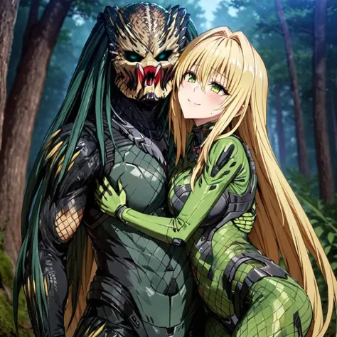 ((Highest quality)), ((masterpiece)), (detailed), （Perfect Face）、The woman is a Predator named Tearje, with green eyes, medium-long blonde hair, a Predator suit, and a Predator mask that covers her entire face, making her a complete female Predator, happil...