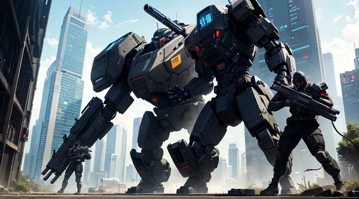 a black-skinned man in a technological military uniform wields a rifle against a metallic robotic beast in a futuristic cyberpunk city