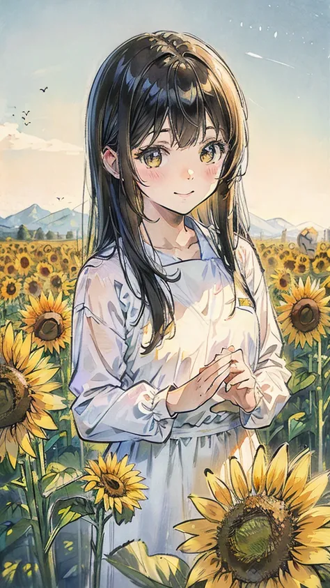 Sunflower field girl Onebees shy smile colored pencil drawing

