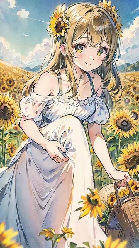 Sunflower field girl Onebees shy smile colored pencil drawing

