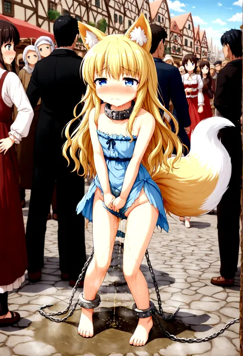 Anime. 1 girl. Baby. Kitsune. Blonde. Long hair. Blue eyes. Beautiful eyes. Perfect eyes. Expressive eyes. Blind eyes. Blind. Ideal face. Ideal anatomical body. Beautiful long legs. Beautiful body. Beautiful nose. Fox ears. Foxs tail. 12 years old. Embarra...