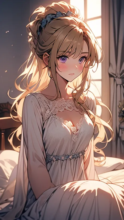 kei karuizawa, blonde, long ponytail, violet eyes, wavy hair wearing a light, white transparant nightgown. the girl should have ...