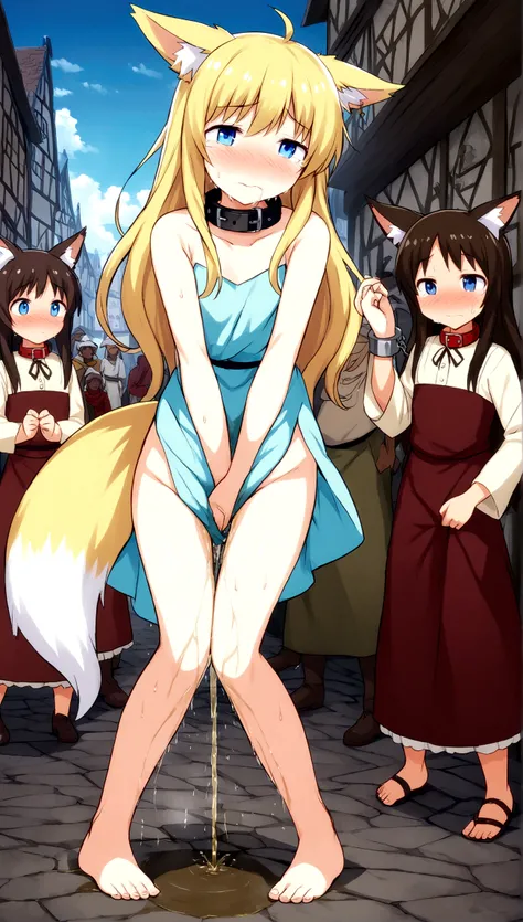 Anime. 1 girl. Baby. Kitsune. Blonde. Long hair. Blue eyes. Beautiful eyes. Perfect eyes. Expressive eyes. Blind eyes. Blind. Ideal face. Ideal anatomical body. Beautiful long legs. Beautiful body. Beautiful nose. Fox ears. Foxs tail. 12 years old. Embarra...