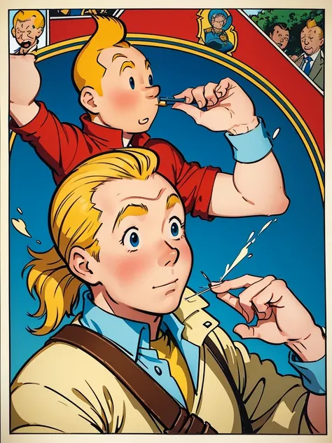 A heroic portrait of Tintin from Hergés comics, but this is a manga poster from the 80s.